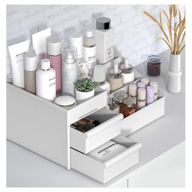 Alt view image 2 of 6 - Large Makeup Capacity Cosmetic Storage Box Skin Care Organizer Jewelry,Makeup, Brushes, Lipsticks, Nail Polish Container,Desktop Dresser Sundries Storage Box (White)