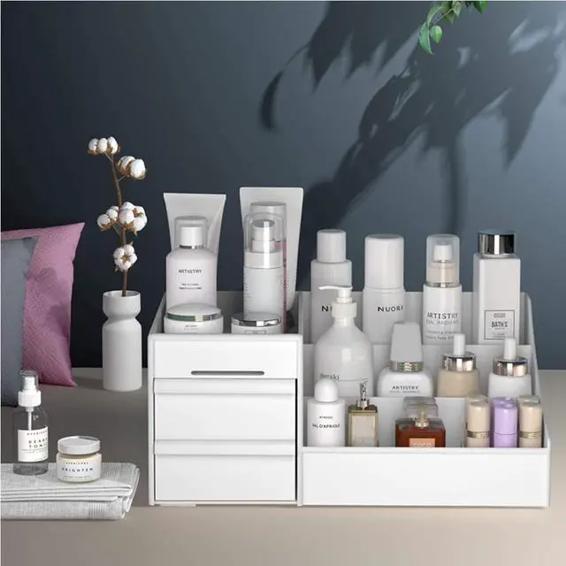 Alt view image 4 of 6 - Large Makeup Capacity Cosmetic Storage Box Skin Care Organizer Jewelry,Makeup, Brushes, Lipsticks, Nail Polish Container,Desktop Dresser Sundries Storage Box (White)
