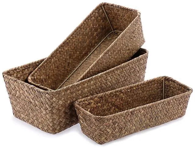 Main image of 3 Natural Wicker Basket Set Rectangular Handwoven Seagrass Basket Storage Bins Home Organizer Bins - Household Basket Box for Shelf Wardrobe Desktop Home Decor (Coffee)