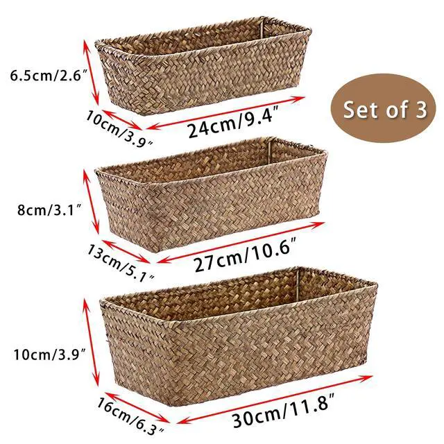 Alt view image 2 of 7 - 3 Natural Wicker Basket Set Rectangular Handwoven Seagrass Basket Storage Bins Home Organizer Bins - Household Basket Box for Shelf Wardrobe Desktop Home Decor (Coffee)