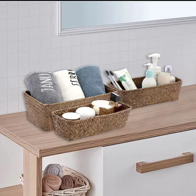 Alt view image 3 of 7 - 3 Natural Wicker Basket Set Rectangular Handwoven Seagrass Basket Storage Bins Home Organizer Bins - Household Basket Box for Shelf Wardrobe Desktop Home Decor (Coffee)