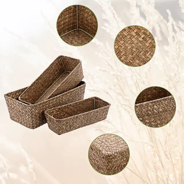 Alt view image 5 of 7 - 3 Natural Wicker Basket Set Rectangular Handwoven Seagrass Basket Storage Bins Home Organizer Bins - Household Basket Box for Shelf Wardrobe Desktop Home Decor (Coffee)