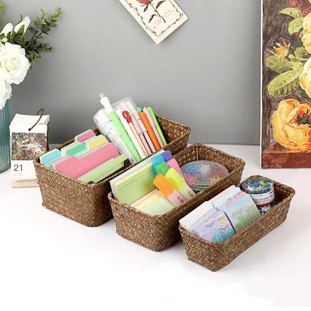 Alt view image 6 of 7 - 3 Natural Wicker Basket Set Rectangular Handwoven Seagrass Basket Storage Bins Home Organizer Bins - Household Basket Box for Shelf Wardrobe Desktop Home Decor (Coffee)