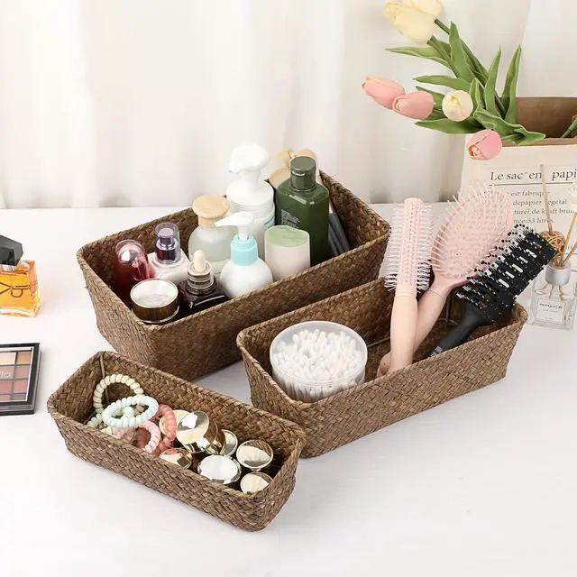 Alt view image 7 of 7 - 3 Natural Wicker Basket Set Rectangular Handwoven Seagrass Basket Storage Bins Home Organizer Bins - Household Basket Box for Shelf Wardrobe Desktop Home Decor (Coffee)