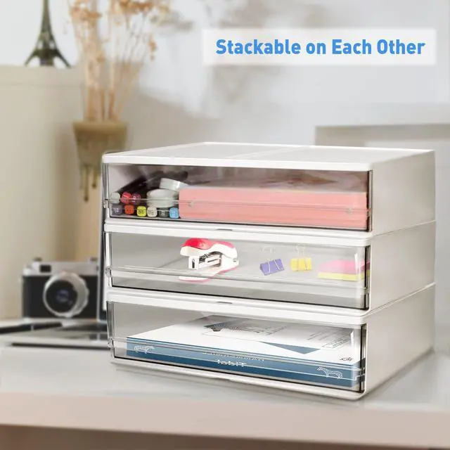 Alt view image 3 of 6 - Printer Paper Holder Desk Organizer with Drawer, Stackable Desktop Storage Drawers 13.5 inch Wide - Pearl White (1 PCS)