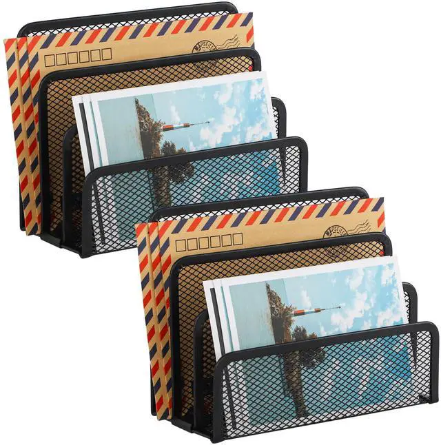 Main image of Desk Mail Organizer, Office Small Desktop Metal Mesh Envelope Letter Sorter Paper File Holder Organizer with 3 Vertical Upright Compartments, Black 2 Pack