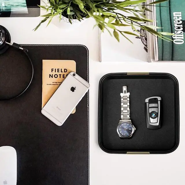Alt view image 2 of 5 - Luxury Leather Desktop Storage Small Catchall Organizer Decorative Tray for Entryway Table to Hold Jewelry Watch Cosmetics Keys Phone Wallet, Home & Office Accessories (Metal Gilded, Black)