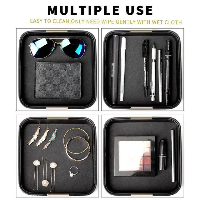 Alt view image 3 of 5 - Luxury Leather Desktop Storage Small Catchall Organizer Decorative Tray for Entryway Table to Hold Jewelry Watch Cosmetics Keys Phone Wallet, Home & Office Accessories (Metal Gilded, Black)