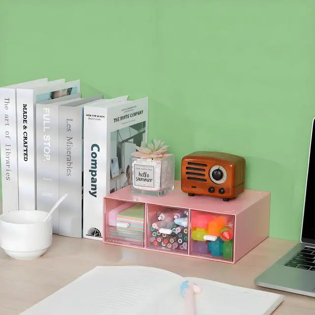 Alt view image 5 of 7 - Desktop Drawers, Desk Organizer with 3 Drawers, Stackable Plastic Storage Box for Home Collection, Cosmetics, Jewelry, Office Supplies (1 Tall Layer, Pink)
