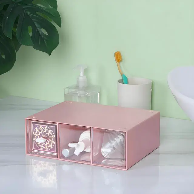 Alt view image 6 of 7 - Desktop Drawers, Desk Organizer with 3 Drawers, Stackable Plastic Storage Box for Home Collection, Cosmetics, Jewelry, Office Supplies (1 Tall Layer, Pink)