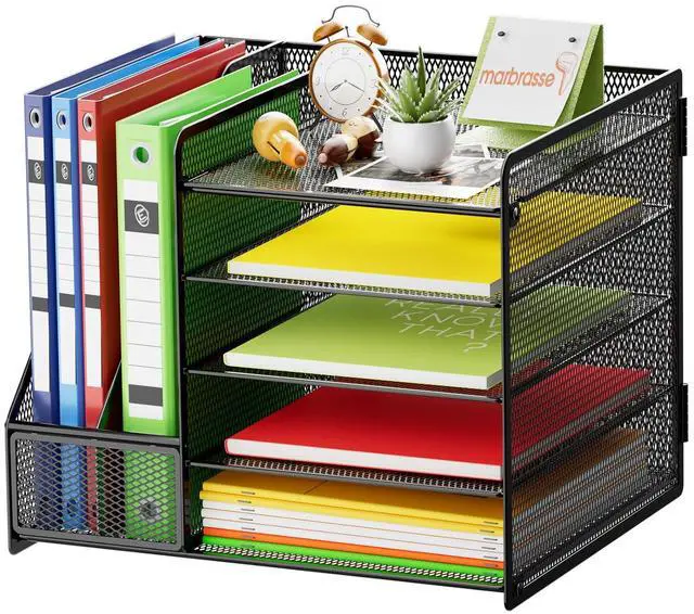 Main image of Desk Organizer with File Holder, 5-Tier Paper Letter Tray Organizer, Mesh Desk Organizers and Accessories with Magazine Holder, Desktop Storage for Office Supplies (Black)