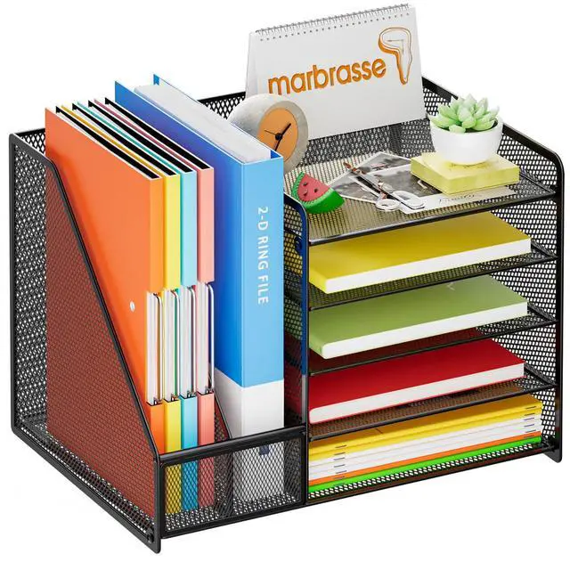 Alt view image 2 of 7 - Desk Organizer with File Holder, 5-Tier Paper Letter Tray Organizer, Mesh Desk Organizers and Accessories with Magazine Holder, Desktop Storage for Office Supplies (Black)