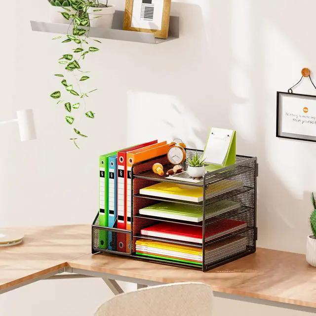 Alt view image 3 of 7 - Desk Organizer with File Holder, 5-Tier Paper Letter Tray Organizer, Mesh Desk Organizers and Accessories with Magazine Holder, Desktop Storage for Office Supplies (Black)