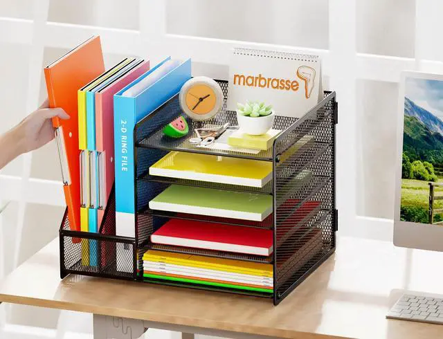 Alt view image 4 of 7 - Desk Organizer with File Holder, 5-Tier Paper Letter Tray Organizer, Mesh Desk Organizers and Accessories with Magazine Holder, Desktop Storage for Office Supplies (Black)