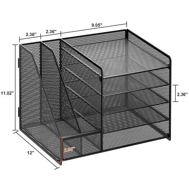 Alt view image 5 of 7 - Desk Organizer with File Holder, 5-Tier Paper Letter Tray Organizer, Mesh Desk Organizers and Accessories with Magazine Holder, Desktop Storage for Office Supplies (Black)