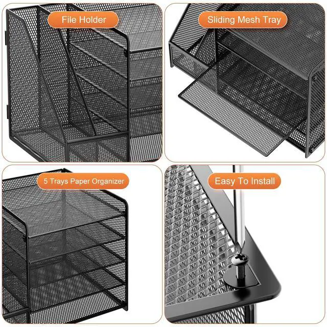 Alt view image 6 of 7 - Desk Organizer with File Holder, 5-Tier Paper Letter Tray Organizer, Mesh Desk Organizers and Accessories with Magazine Holder, Desktop Storage for Office Supplies (Black)