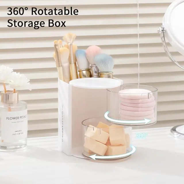 Alt view image 4 of 7 - Layer Clear Hair Accessories Organizer with Hair Brushes Holder, Rotatable Small Jewelry Box for NecklacesEarring, Desktop Organizer Case for Makeup Brushes, Hair Accessories, Cotton Swab