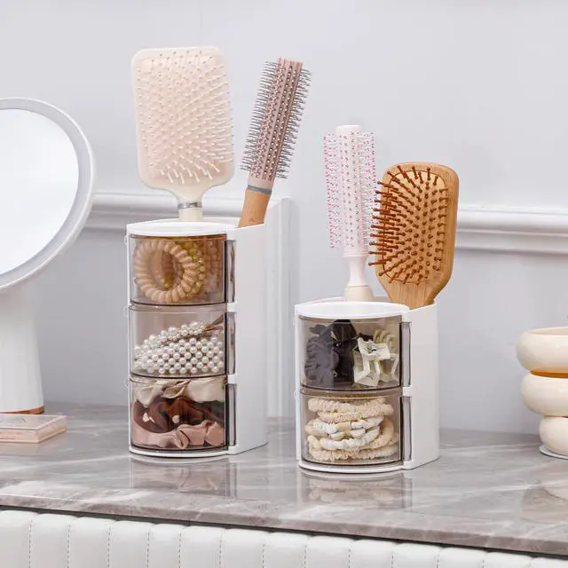 Alt view image 5 of 7 - Layer Clear Hair Accessories Organizer with Hair Brushes Holder, Rotatable Small Jewelry Box for NecklacesEarring, Desktop Organizer Case for Makeup Brushes, Hair Accessories, Cotton Swab