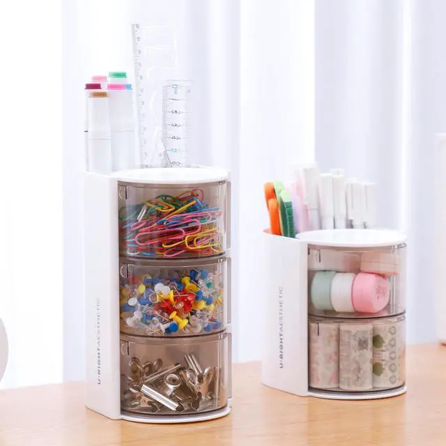 Alt view image 7 of 7 - Layer Clear Hair Accessories Organizer with Hair Brushes Holder, Rotatable Small Jewelry Box for NecklacesEarring, Desktop Organizer Case for Makeup Brushes, Hair Accessories, Cotton Swab