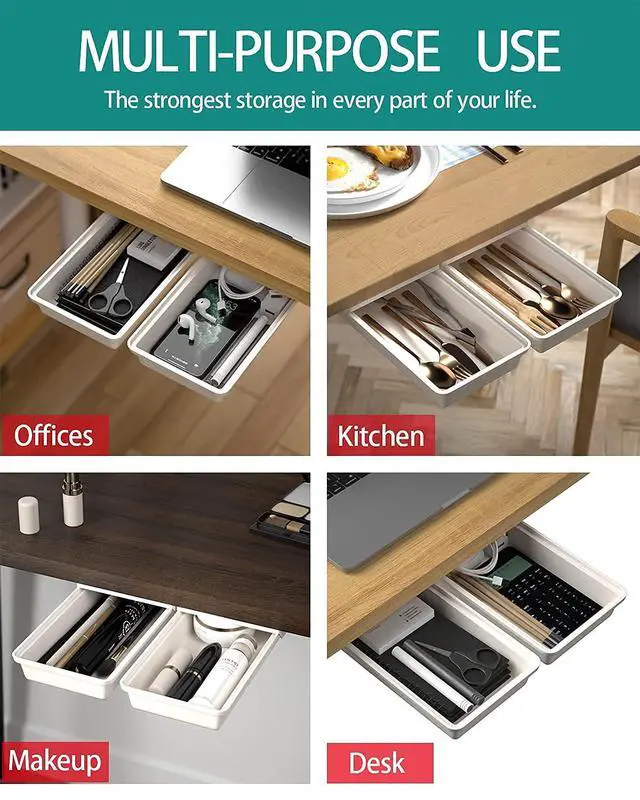 Alt view image 2 of 7 - 2Pack Under Table Desk Drawer Storage Organizer Slide Out, Hidden Self-Adhesive Under Desktop Pencil Tray Drawer for Office,Classroom,Kitchen(S/white
