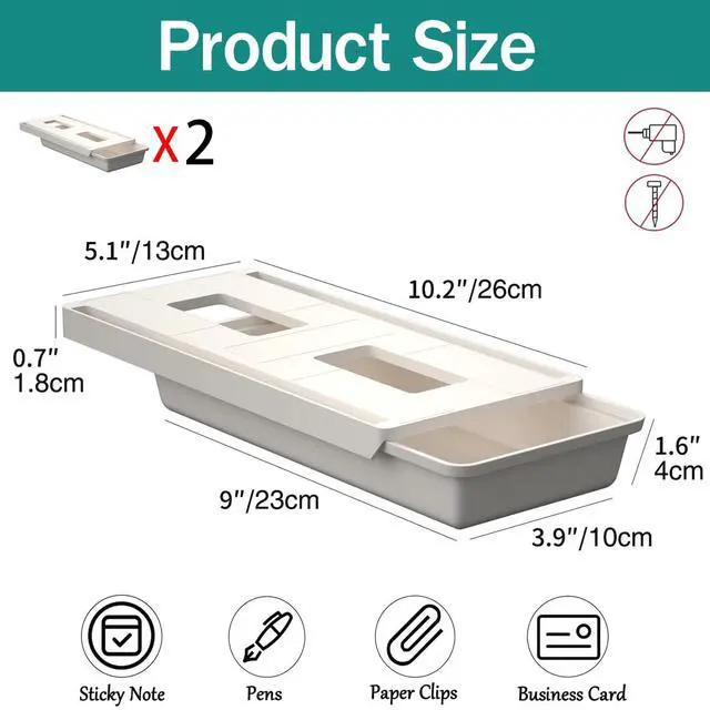 Alt view image 3 of 7 - 2Pack Under Table Desk Drawer Storage Organizer Slide Out, Hidden Self-Adhesive Under Desktop Pencil Tray Drawer for Office,Classroom,Kitchen(S/white