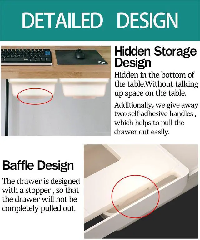 Alt view image 4 of 7 - 2Pack Under Table Desk Drawer Storage Organizer Slide Out, Hidden Self-Adhesive Under Desktop Pencil Tray Drawer for Office,Classroom,Kitchen(S/white