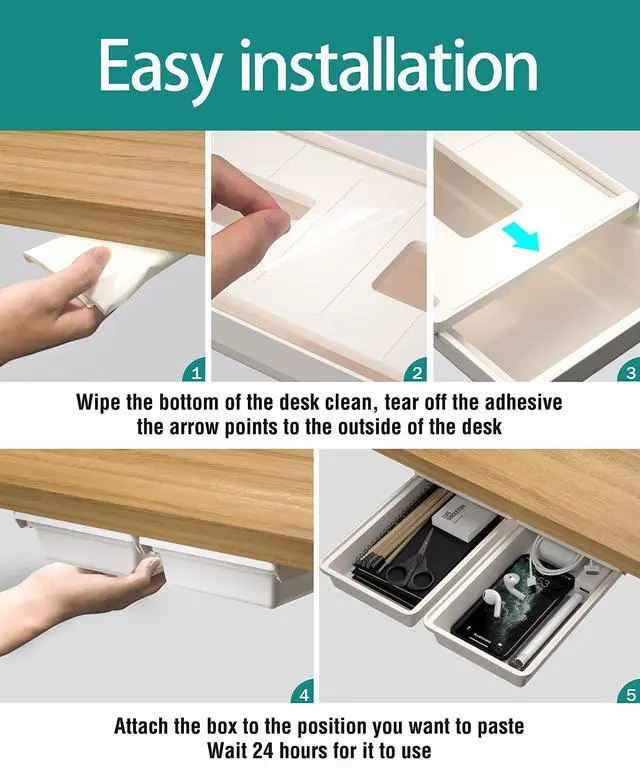 Alt view image 7 of 7 - 2Pack Under Table Desk Drawer Storage Organizer Slide Out, Hidden Self-Adhesive Under Desktop Pencil Tray Drawer for Office,Classroom,Kitchen(S/white