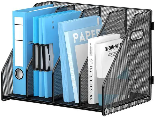 Main image of Binder Organizer, Magazine File Holder with 4 Vertical Compartments Rack, Metal Desk File Organizer & Binder Holders, Magazine Organizers for Office Desktop, Home, School (Black)