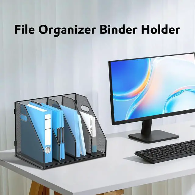 Alt view image 4 of 7 - Binder Organizer, Magazine File Holder with 4 Vertical Compartments Rack, Metal Desk File Organizer & Binder Holders, Magazine Organizers for Office Desktop, Home, School (Black)