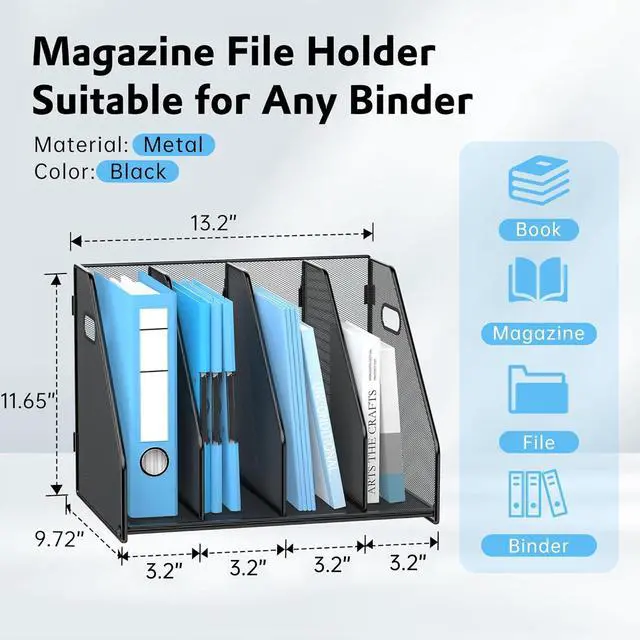 Alt view image 2 of 7 - Binder Organizer, Magazine File Holder with 4 Vertical Compartments Rack, Metal Desk File Organizer & Binder Holders, Magazine Organizers for Office Desktop, Home, School (Black)