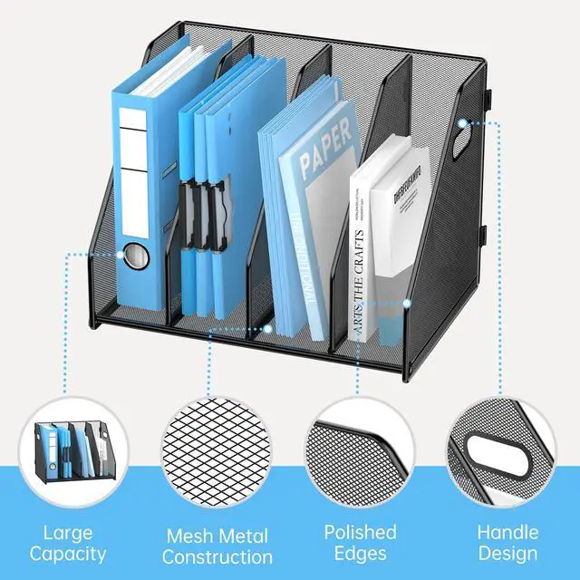 Alt view image 3 of 7 - Binder Organizer, Magazine File Holder with 4 Vertical Compartments Rack, Metal Desk File Organizer & Binder Holders, Magazine Organizers for Office Desktop, Home, School (Black)