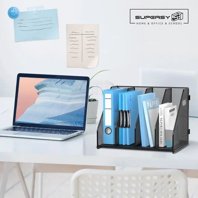 Alt view image 6 of 7 - Binder Organizer, Magazine File Holder with 4 Vertical Compartments Rack, Metal Desk File Organizer & Binder Holders, Magazine Organizers for Office Desktop, Home, School (Black)