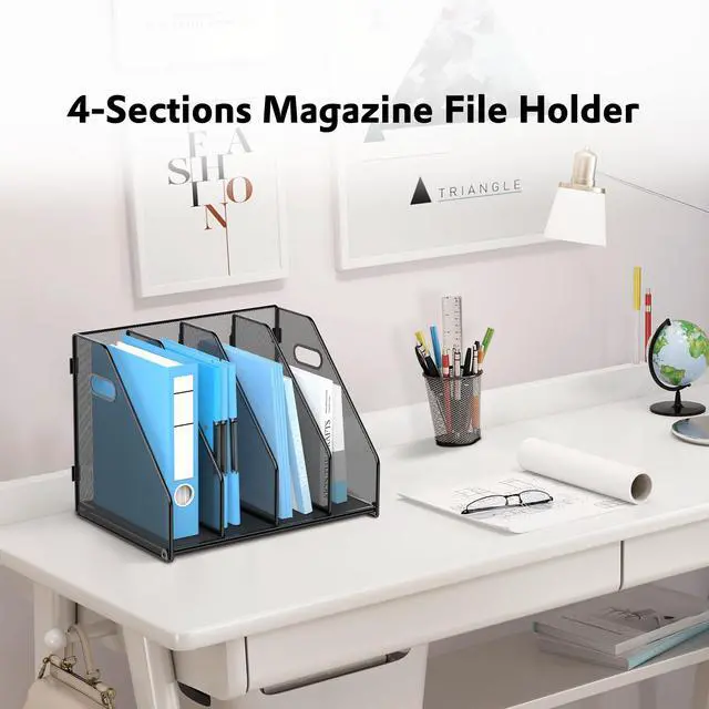 Alt view image 5 of 7 - Binder Organizer, Magazine File Holder with 4 Vertical Compartments Rack, Metal Desk File Organizer & Binder Holders, Magazine Organizers for Office Desktop, Home, School (Black)