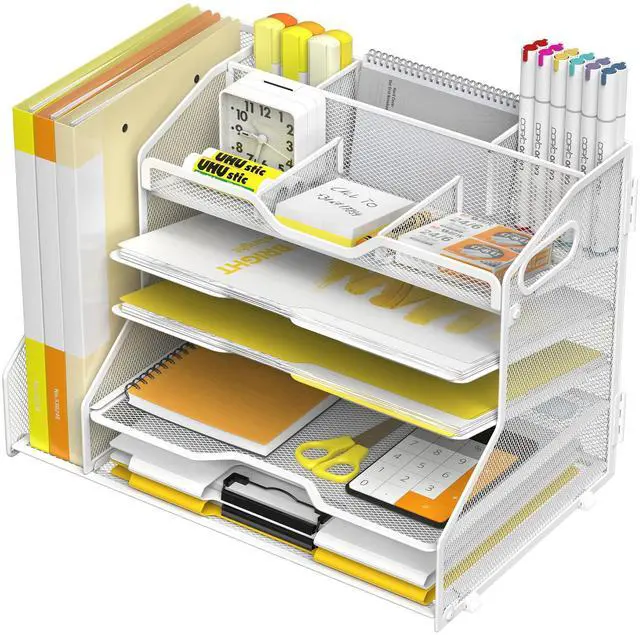 Main image of 5 Tier Paper Tray Letter Organizer with Top 6 Adjustable Compartments and File Holder - Paper Sorter Office Desktop Accessories with Handles for Document,Mail,School Supplies Storage,White