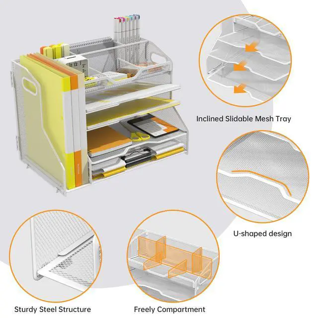 Alt view image 5 of 7 - 5 Tier Paper Tray Letter Organizer with Top 6 Adjustable Compartments and File Holder - Paper Sorter Office Desktop Accessories with Handles for Document,Mail,School Supplies Storage,White