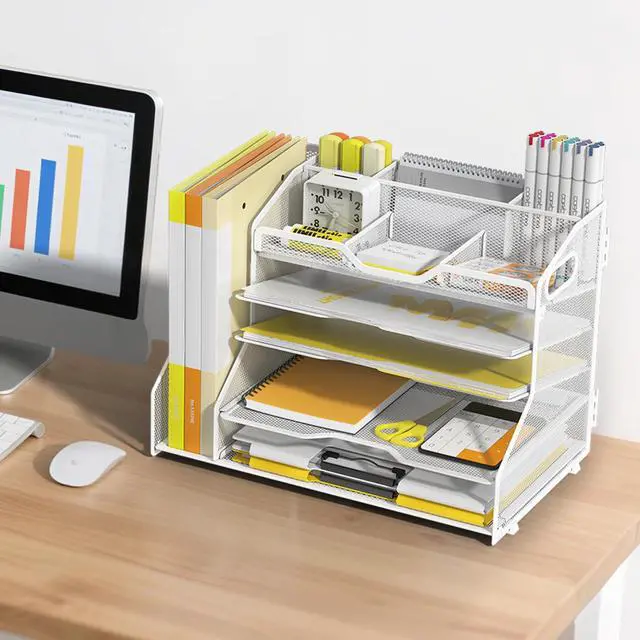 Alt view image 6 of 7 - 5 Tier Paper Tray Letter Organizer with Top 6 Adjustable Compartments and File Holder - Paper Sorter Office Desktop Accessories with Handles for Document,Mail,School Supplies Storage,White