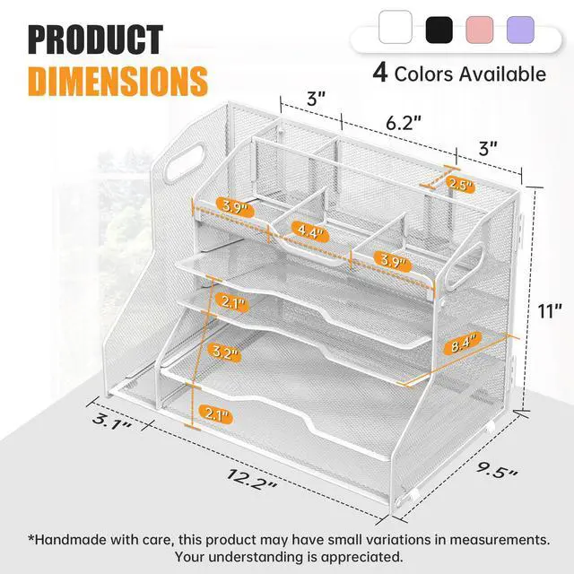 Alt view image 3 of 7 - 5 Tier Paper Tray Letter Organizer with Top 6 Adjustable Compartments and File Holder - Paper Sorter Office Desktop Accessories with Handles for Document,Mail,School Supplies Storage,White