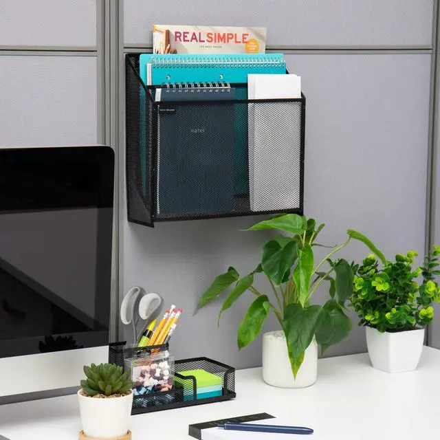 Alt view image 2 of 7 - Vertical File Storage, Desktop Organizer, Wall Mount, Office, Metal Mesh, Black
