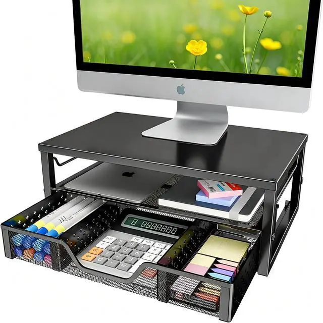 Main image of Monitor Stand Riser with Drawer, Black for Home Office | Metal 2-Tier Monitor Stand with Hidden Drawer | Ergonomic Neck Support | Desk Organizer | Space Saving | Fast Setup