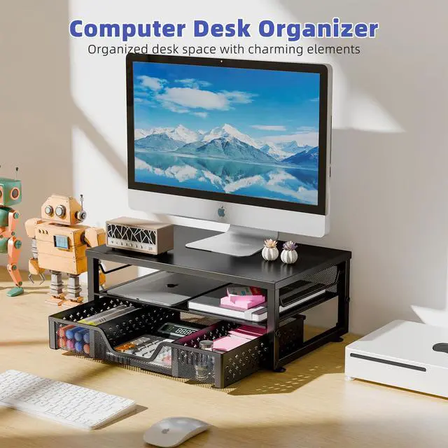 Alt view image 2 of 7 - Monitor Stand Riser with Drawer, Black for Home Office | Metal 2-Tier Monitor Stand with Hidden Drawer | Ergonomic Neck Support | Desk Organizer | Space Saving | Fast Setup