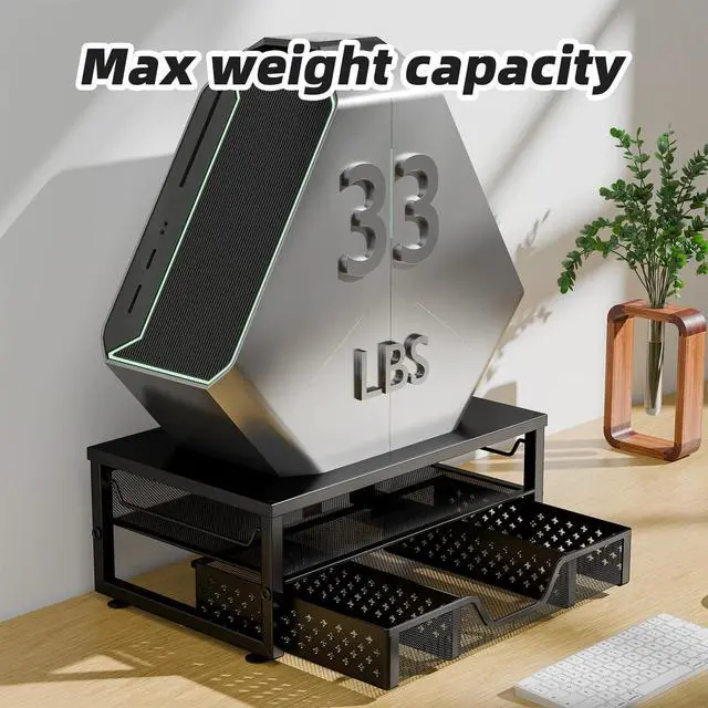 Alt view image 3 of 7 - Monitor Stand Riser with Drawer, Black for Home Office | Metal 2-Tier Monitor Stand with Hidden Drawer | Ergonomic Neck Support | Desk Organizer | Space Saving | Fast Setup