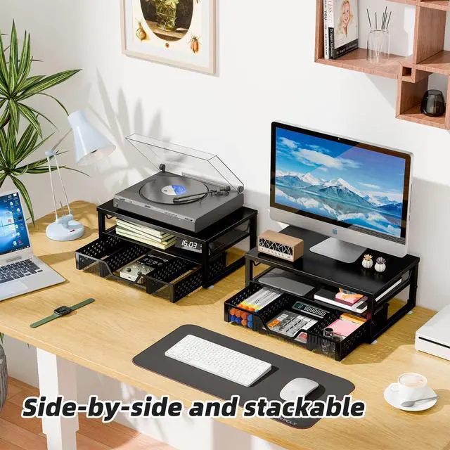 Alt view image 4 of 7 - Monitor Stand Riser with Drawer, Black for Home Office | Metal 2-Tier Monitor Stand with Hidden Drawer | Ergonomic Neck Support | Desk Organizer | Space Saving | Fast Setup