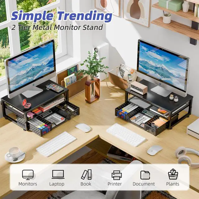 Alt view image 5 of 7 - Monitor Stand Riser with Drawer, Black for Home Office | Metal 2-Tier Monitor Stand with Hidden Drawer | Ergonomic Neck Support | Desk Organizer | Space Saving | Fast Setup