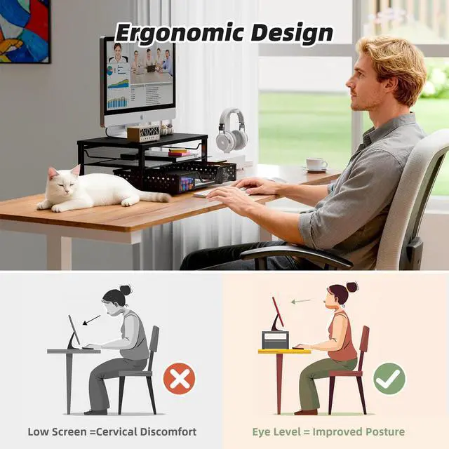 Alt view image 6 of 7 - Monitor Stand Riser with Drawer, Black for Home Office | Metal 2-Tier Monitor Stand with Hidden Drawer | Ergonomic Neck Support | Desk Organizer | Space Saving | Fast Setup