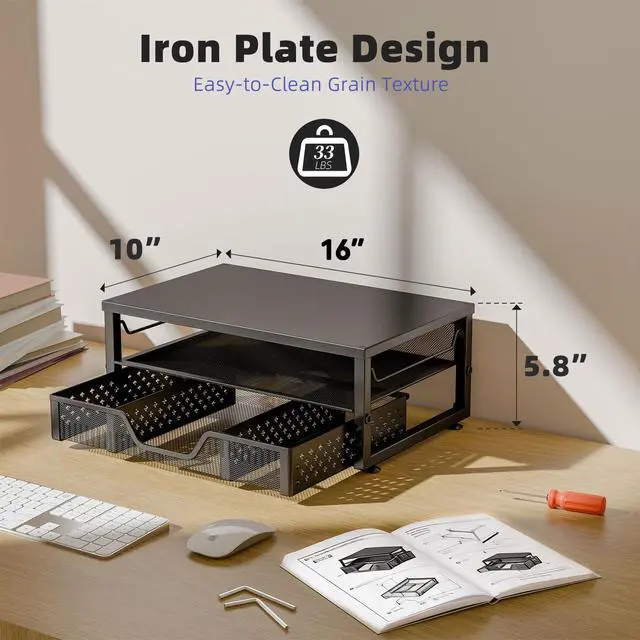 Alt view image 7 of 7 - Monitor Stand Riser with Drawer, Black for Home Office | Metal 2-Tier Monitor Stand with Hidden Drawer | Ergonomic Neck Support | Desk Organizer | Space Saving | Fast Setup