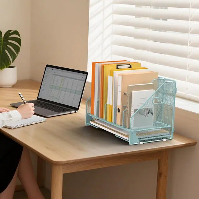 Alt view image 7 of 7 - Desk File Folder Holder Organizer-5 Vertical Compartments Racks and Paper Letter Tray,Mesh Magazine File Holder Sorter,Desktop Accessories & Workspace Organizers for Home,Office,School-Blue