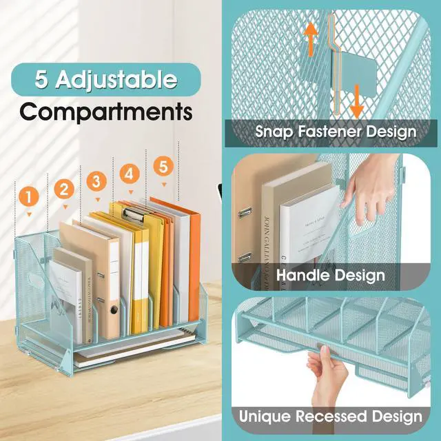 Alt view image 4 of 7 - Desk File Folder Holder Organizer-5 Vertical Compartments Racks and Paper Letter Tray,Mesh Magazine File Holder Sorter,Desktop Accessories & Workspace Organizers for Home,Office,School-Blue