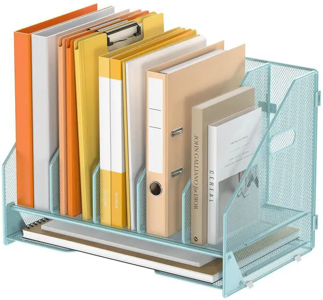 Main image of Desk File Folder Holder Organizer-5 Vertical Compartments Racks and Paper Letter Tray,Mesh Magazine File Holder Sorter,Desktop Accessories & Workspace Organizers for Home,Office,School-Blue