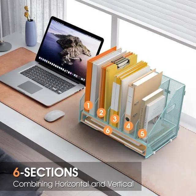 Alt view image 5 of 7 - Desk File Folder Holder Organizer-5 Vertical Compartments Racks and Paper Letter Tray,Mesh Magazine File Holder Sorter,Desktop Accessories & Workspace Organizers for Home,Office,School-Blue
