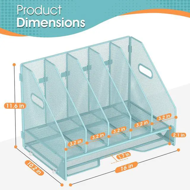 Alt view image 2 of 7 - Desk File Folder Holder Organizer-5 Vertical Compartments Racks and Paper Letter Tray,Mesh Magazine File Holder Sorter,Desktop Accessories & Workspace Organizers for Home,Office,School-Blue